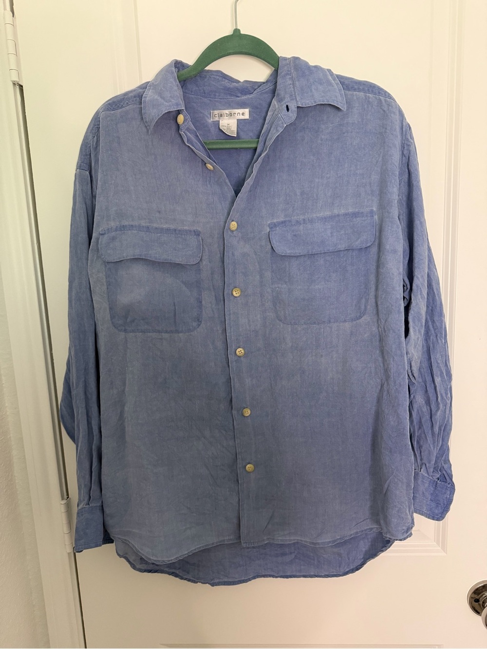 100% Silk Claiborne Sky Blue Casual Button-Down Shirt with Chest Flaps